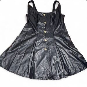 Faux Leather Sleeveless Mini Dress - Black Fit & Flare with Gold Buttons - New